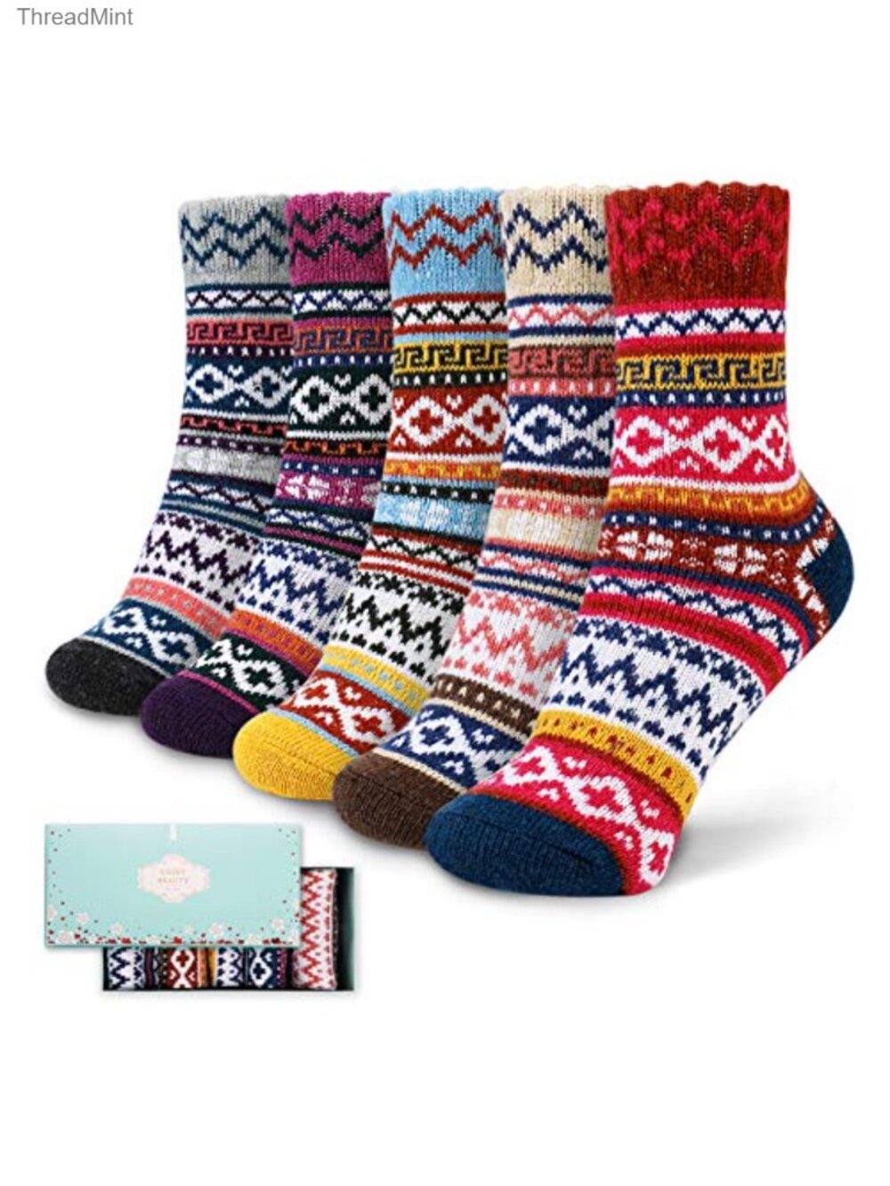 Thick Warm Winter Wool Blend Crew Socks 5 Pairs Soft Knit Fuzzy